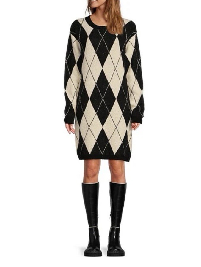 Antonio Melani Courtney Grow Sweater Dress Dark Academia Argyle NWT Small