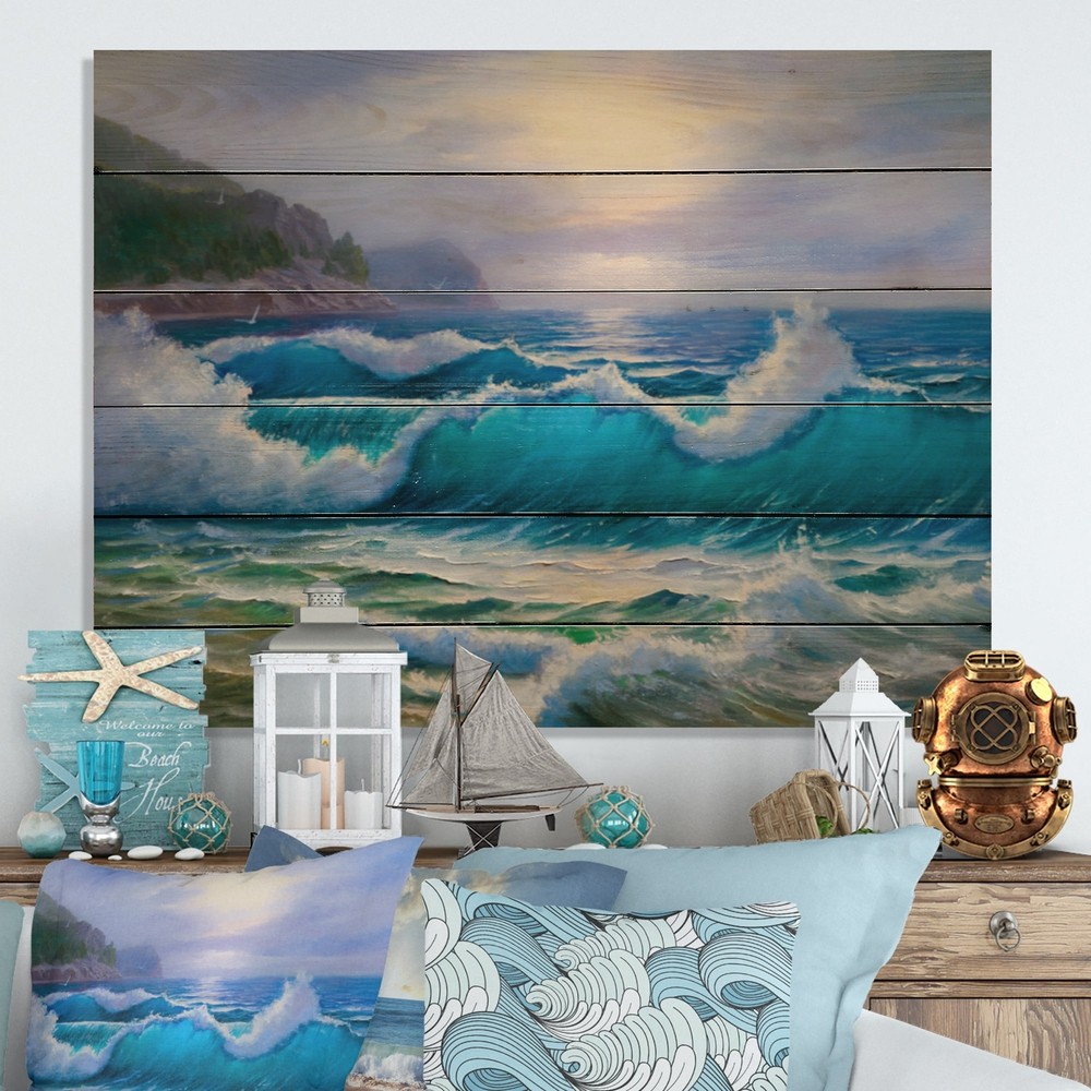 Designart 'Morning Sunlight On The Sea Waves XIII' Nautical & Coastal Wood Wall
