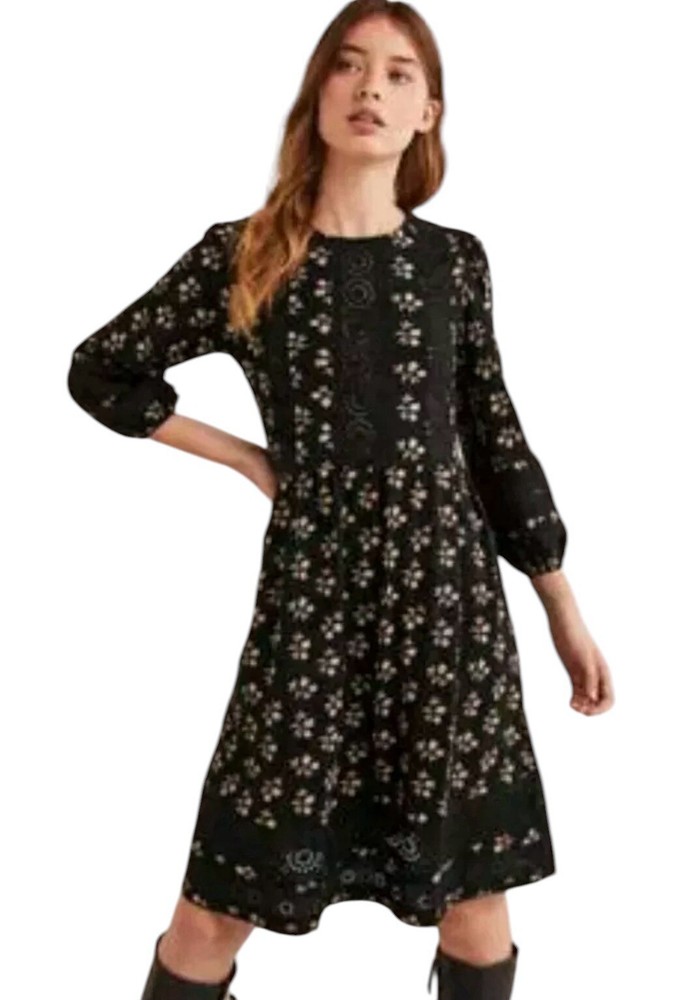 Boden Sz 4 Floral Eyelet Detail Insert Jersey Knee Length Balloon Sleeve Dress
