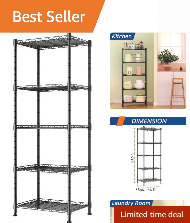 5-Tier Adjustable Metal Storage Rack - Ideal for Kitchen & Bathroom Organization