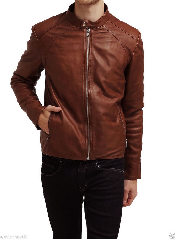 Stylish Slim Fit Tan Biker Jacket For Men Motorcycle Party Wear SDM144