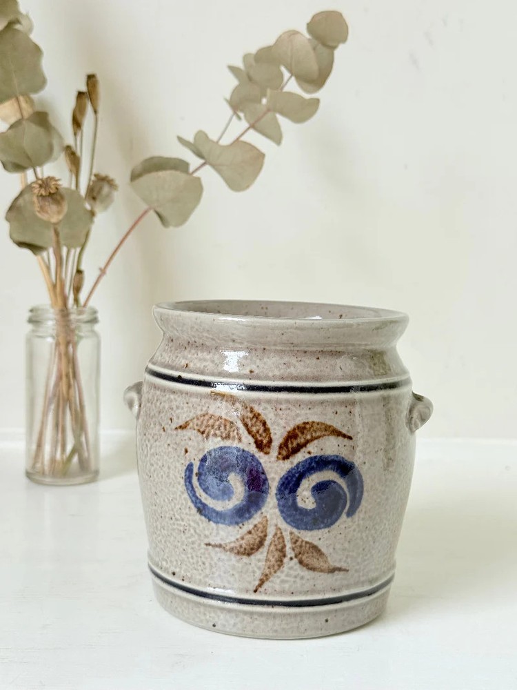 Vintage Stoneware Confit Pot with Blue and Brown Folk Art Design