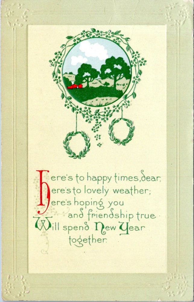 Vintage 1914 New Year Postcard with Laurel Wreaths Poem KP-image