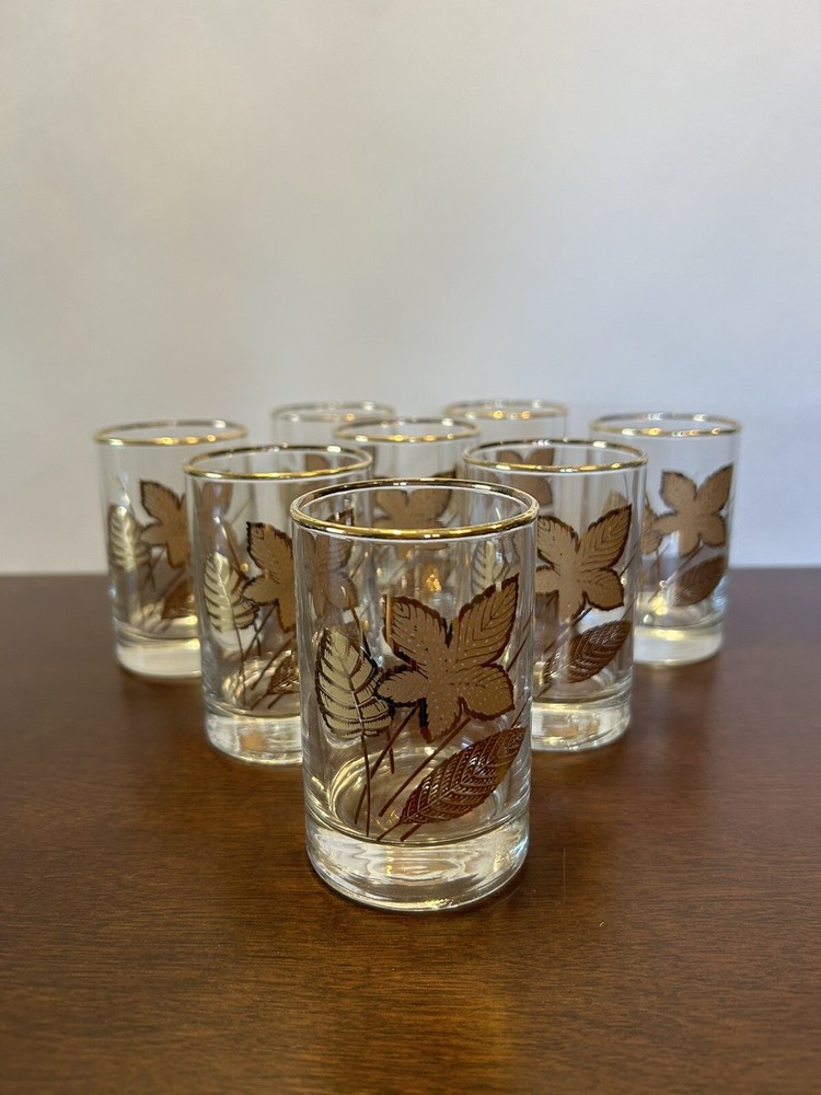 8 Vintage MCM Libbey Golden Foliage Leaf 3.5” Lowball Whiskey Rocks Shot Glasses