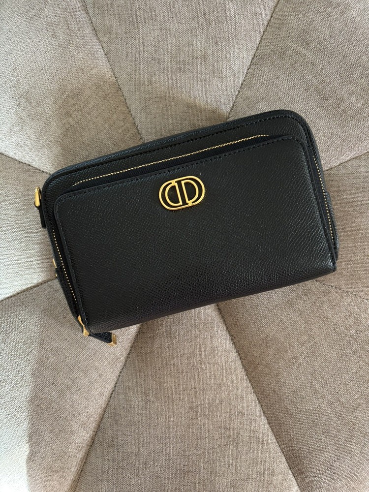 Christian Dior Black Grained Calfskin Caro Double Pouch Crossbody Bag
