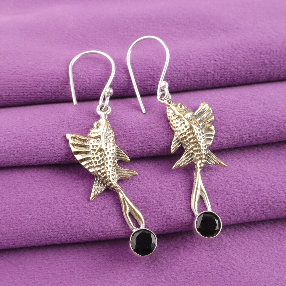 Root Chakra Black Onyx Stone 925 Silver Bezel Birthday Dangling Earrings Jewelry