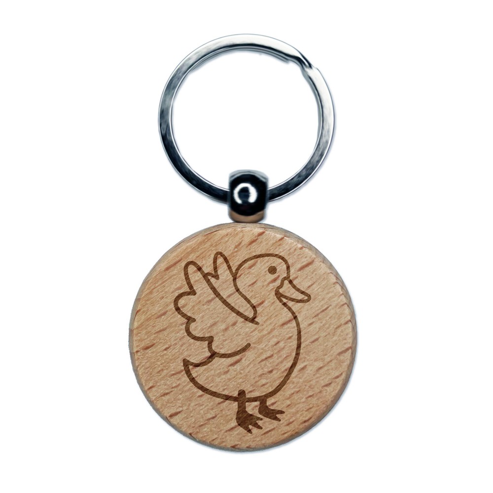 Cute Duck Flapping Wings Wooden Round Keychain Charm  