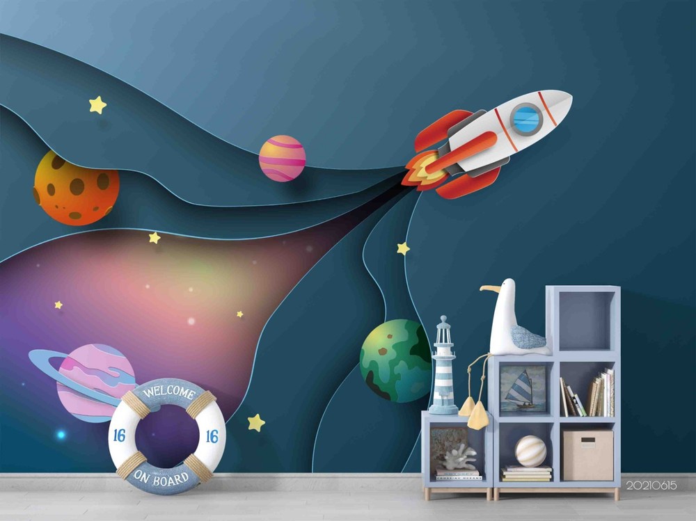 3D Cut Paper Space Rocket Planet Wall Murals Wallpaper Murals Wall Sticker