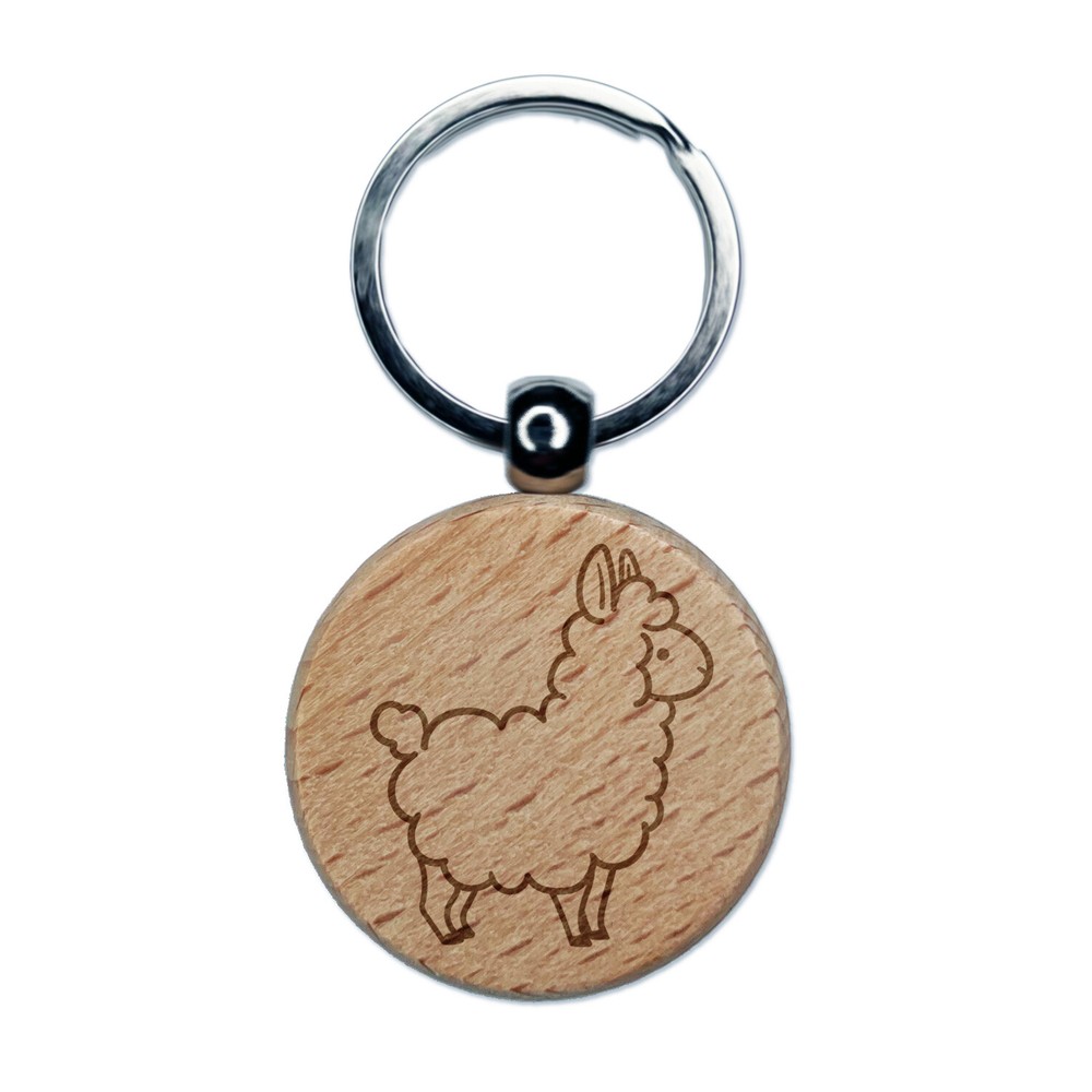 Chibi Little Llama Engraved Wood Round Keychain Tag Charm