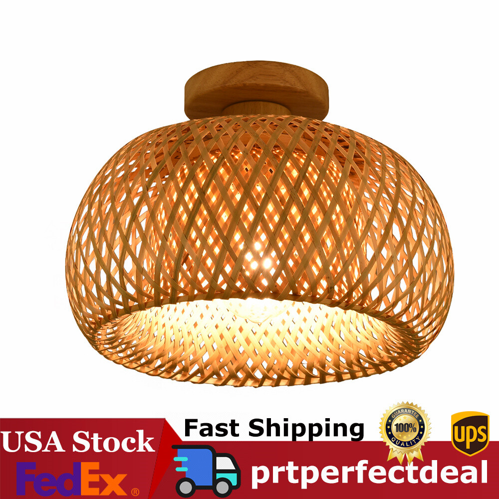 Ceiling Light Fixture Semi Flush Mount Lamp Vintage Bamboo Wicker Rattan Lantern