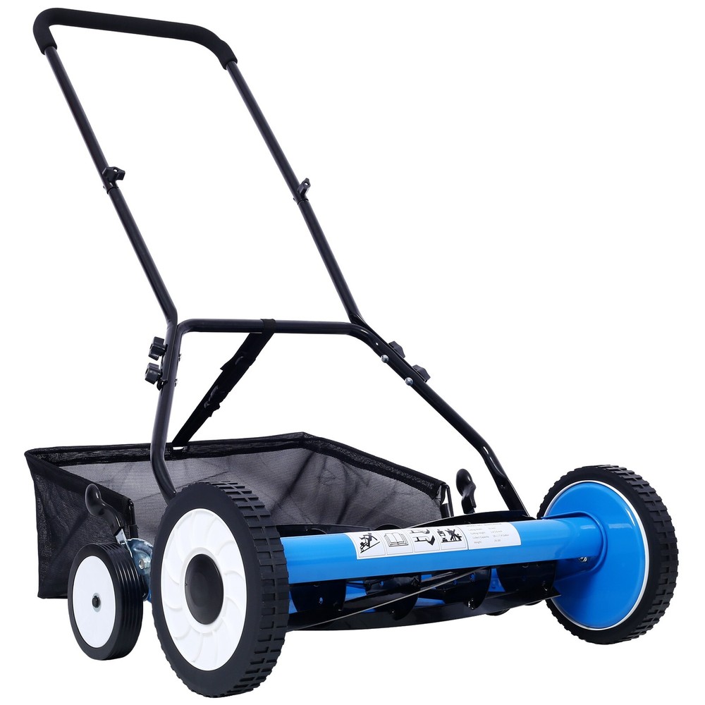 20-Inch 5-Blade Push Reel Lawn Mower with Grass Catcher and 4 Wheels in Blue