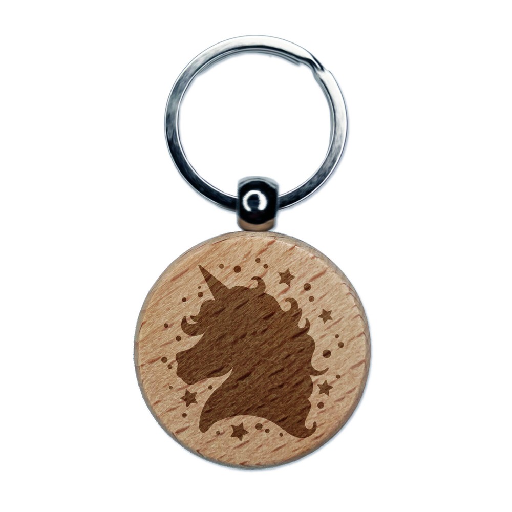 Unicorn Head and Stars Laser Engraved Wooden Keychain Charm Tag  