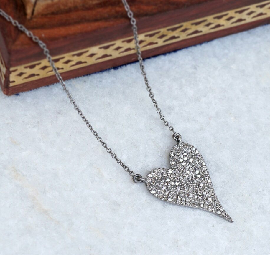 Pave Diamond Heart Shaped Pendant 925 Silver Fashion Necklace Jewelry Gift Charm