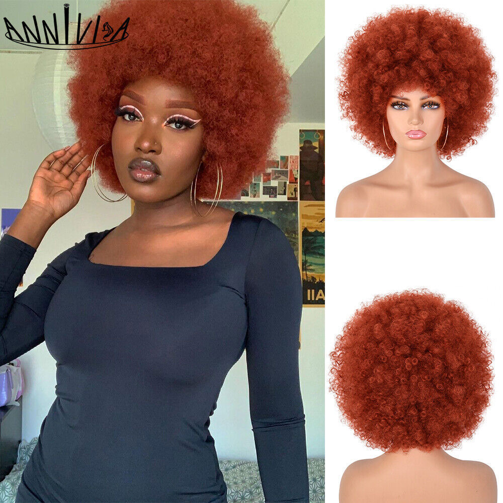 Afro kinky curly short fluffy glueless synthetic wig with bangs for cosplay
