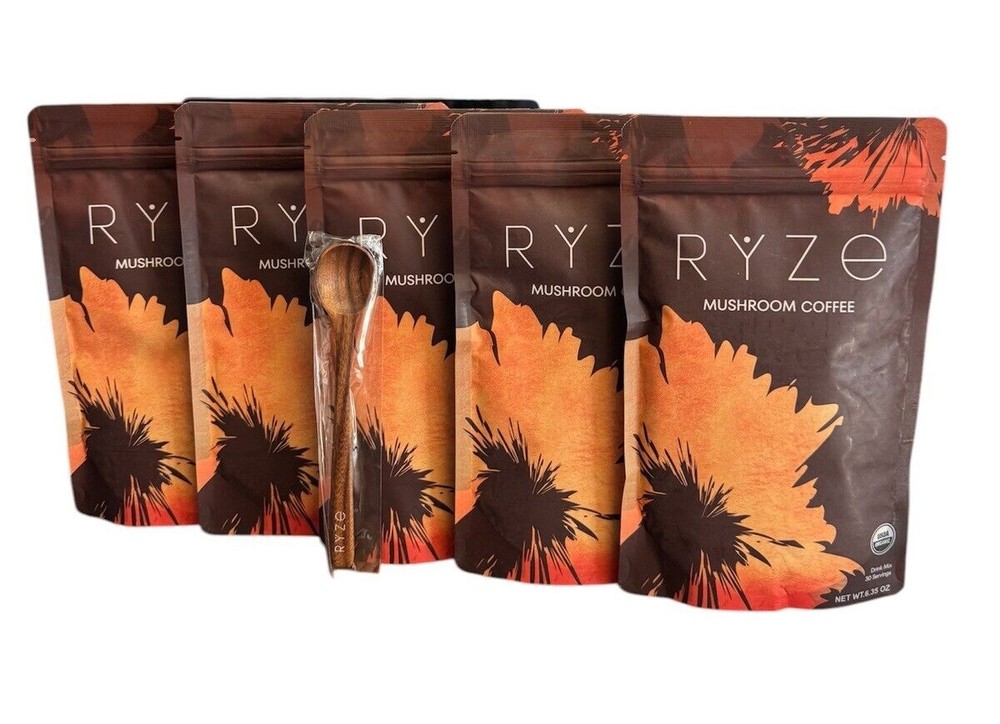 5 Pack Ryze Organic Mushroom Coffee Includes Free Spoon - 100% Authentic & Free Shipping