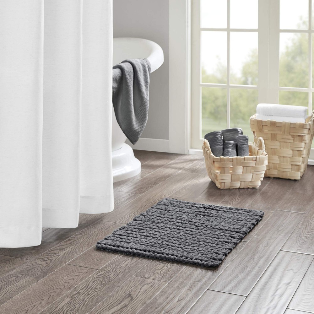 Madison Park Lasso 100% Cotton Chenille Bath Rug in Charcoal Chain Woven Stitch
