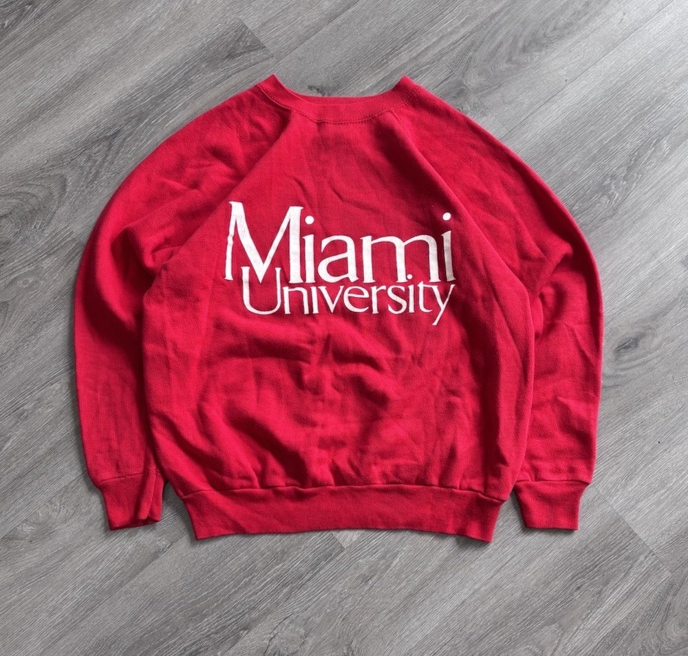 Vintage 80s Miami University Spellout Red Crewneck Sweatshirt Mens L Made In USA