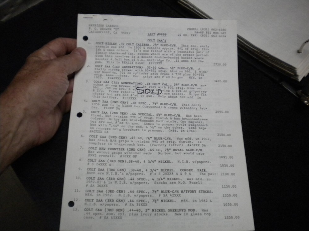 Harrison Carroll List 0899  Aug  1999   Colt SAAs , S&W ,  price list