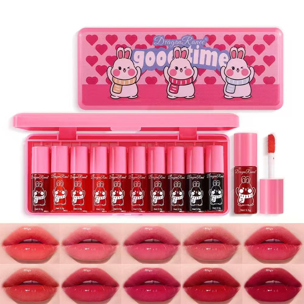 10-Color Korean Lip Tint Set, Watery Glossy Stain with Moisturizing Minis