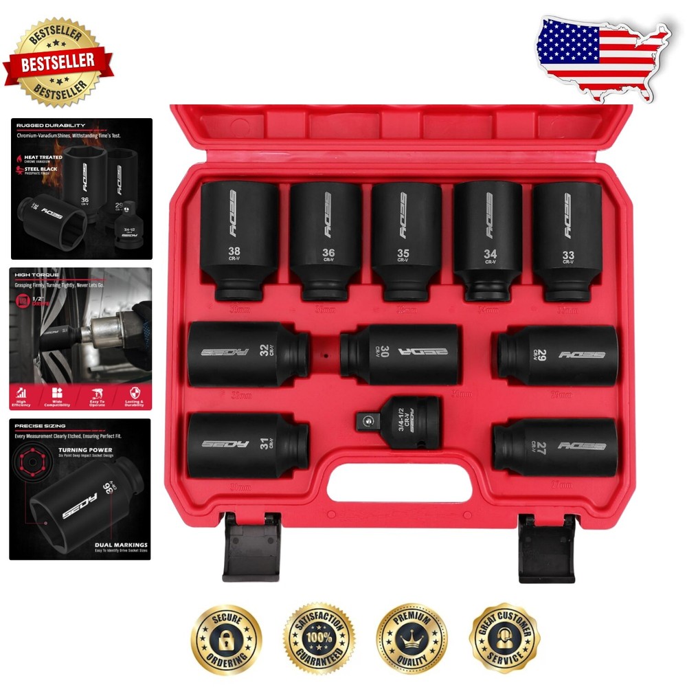 Durable Chrome Molybdenum 1/2 Drive Deep Impact Socket Set with Carry Case