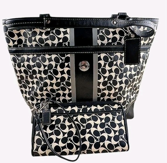 Coach Chelsea Heritage Stripe Signature Tote in Black and White Coated Canvas
