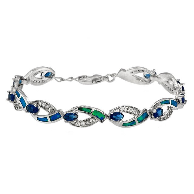 4CT Treated Sapphire & Australian Opal 925 Sterling Silver Tennis Bracelet OB5