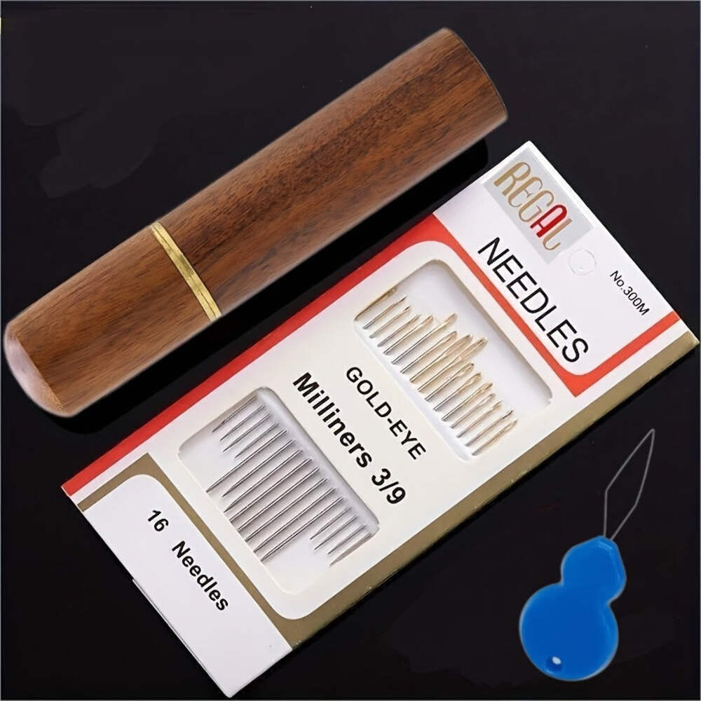 16-Piece Premium Sewing Needle Set in Wooden Barrel Box for Hand Stitching and Embroidery  
