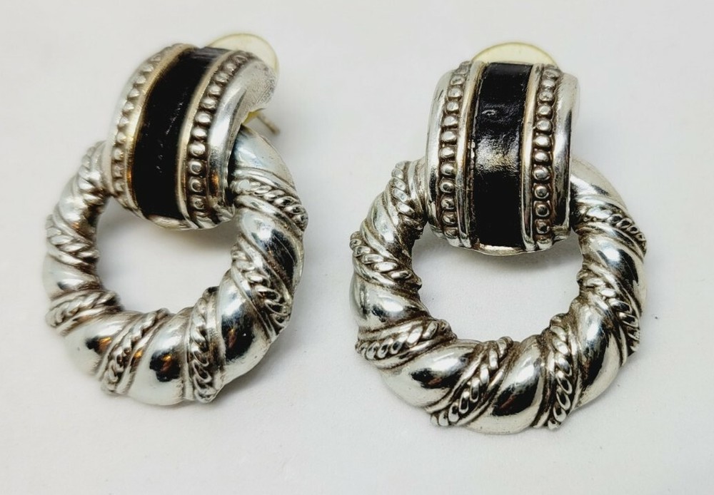 Brighton Door Knocker Pierced Earring Black Leather Accent Retired 1.5 in Chunky