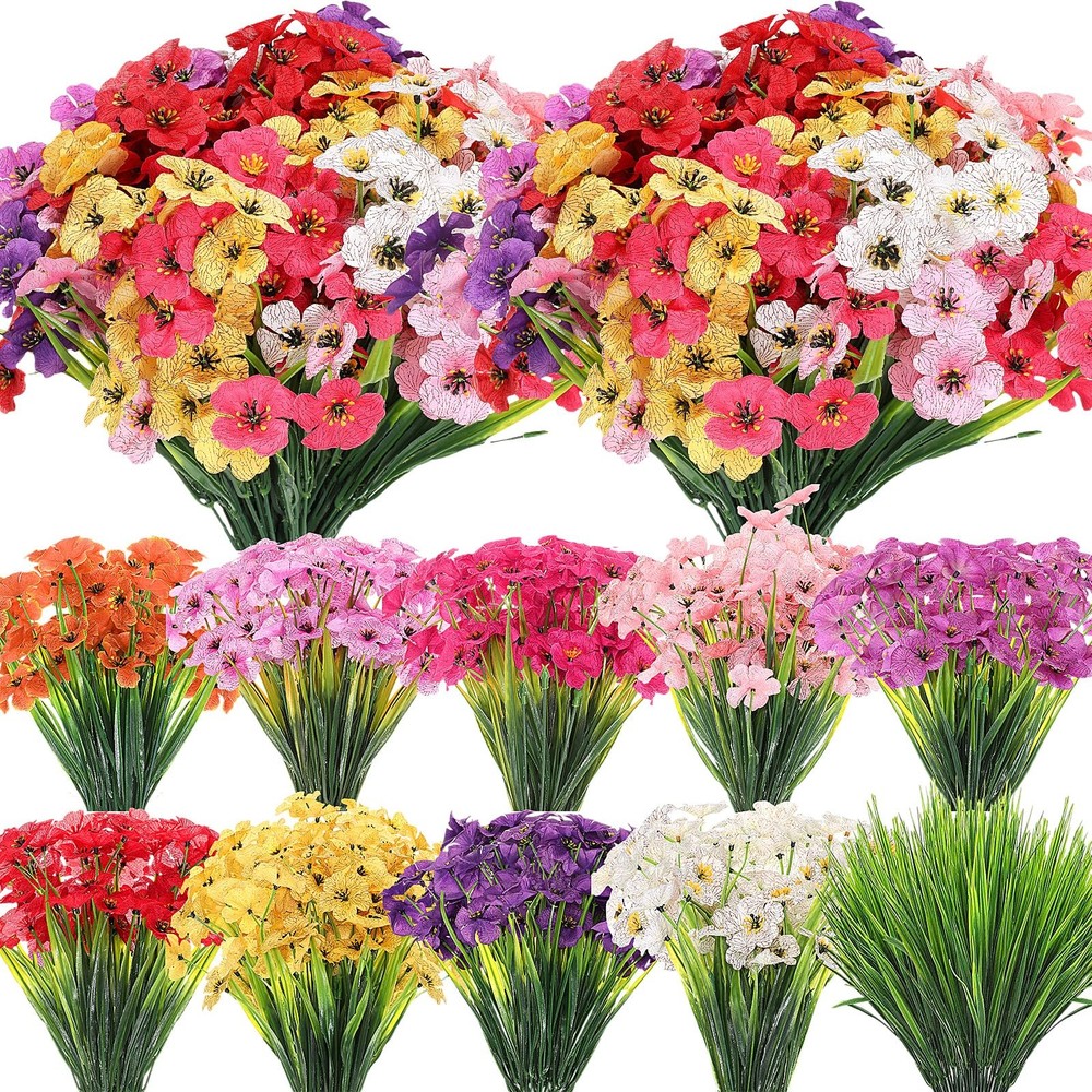100 Bundles Violet Artificial Flowers, UV Resistant Faux Flowers Outdoor, Fau...