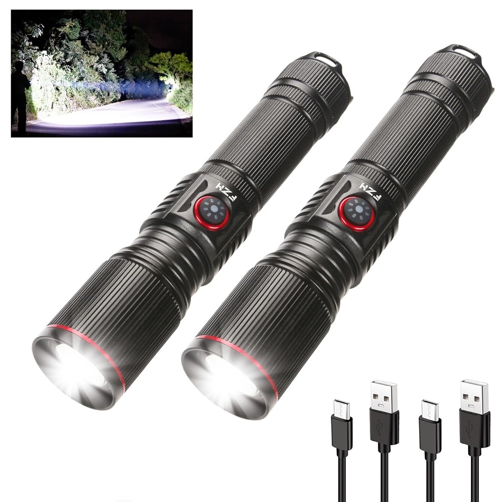 Flashlights High Lumens Rechargeable 2PC 10000LM LED Infinitely Dimmable Supe...