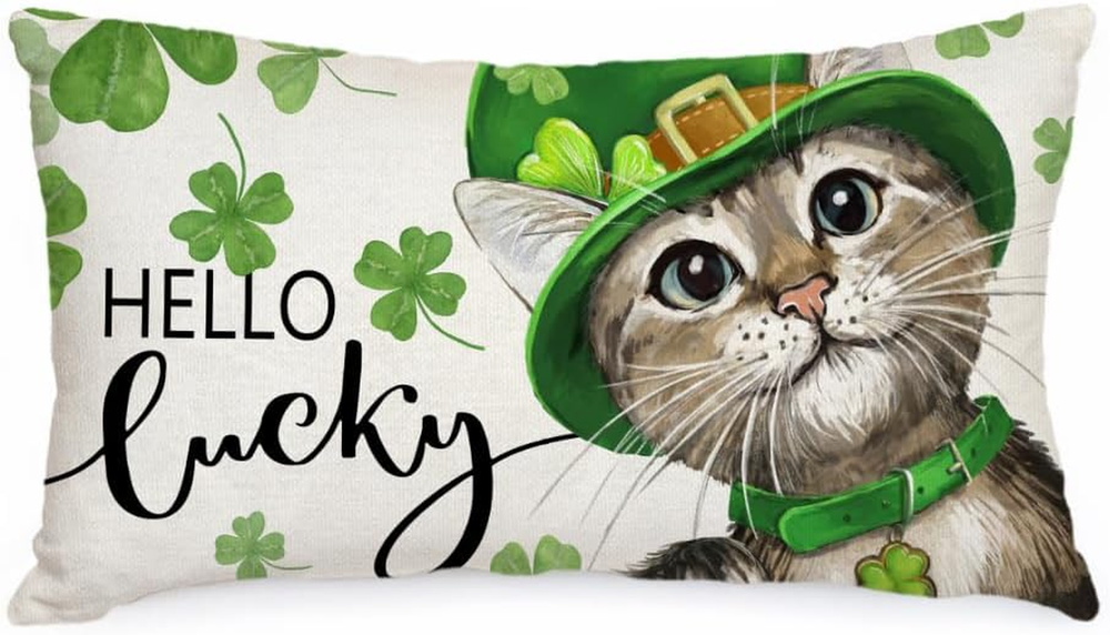 St Patricks Day 12×20 Decorative Cat Clover Lucky Pillow Cover