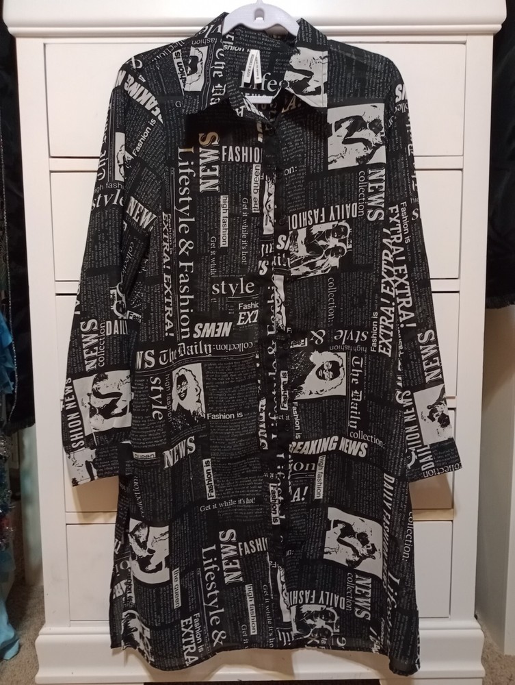 LIVE 4 TRUTH Newspaper Print Fashion News Button Front Long Shirt Dress Medium