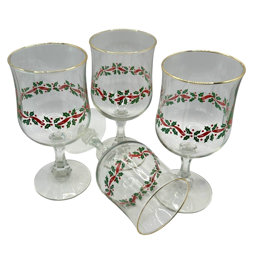 Vintage Libbey Arbys Holly Stemmed Glass Set of 4
