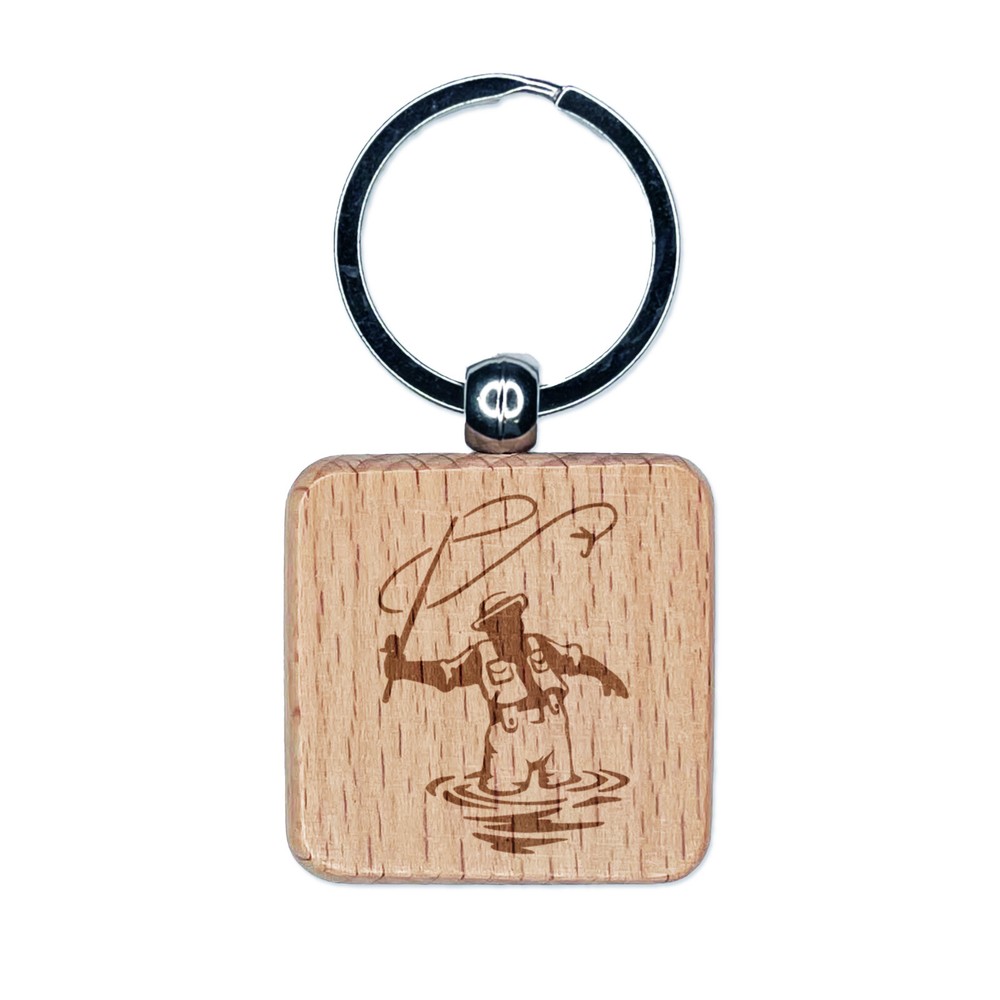 Fly Fisherman Throwing Line Angler Engraved Wood Square Keychain Tag Charm