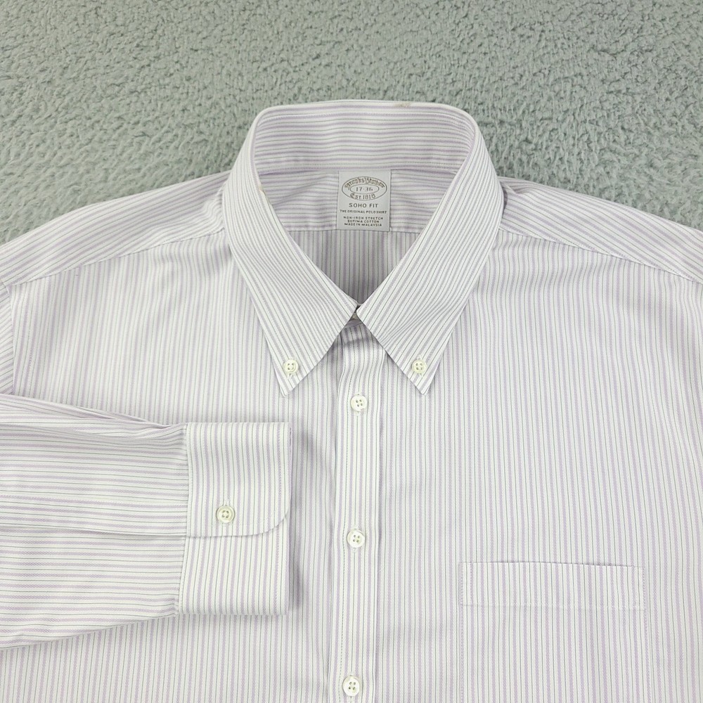 Brooks Brothers Shirt Mens 17 Soho Fit Purple Striped Supima Cotton Non Iron