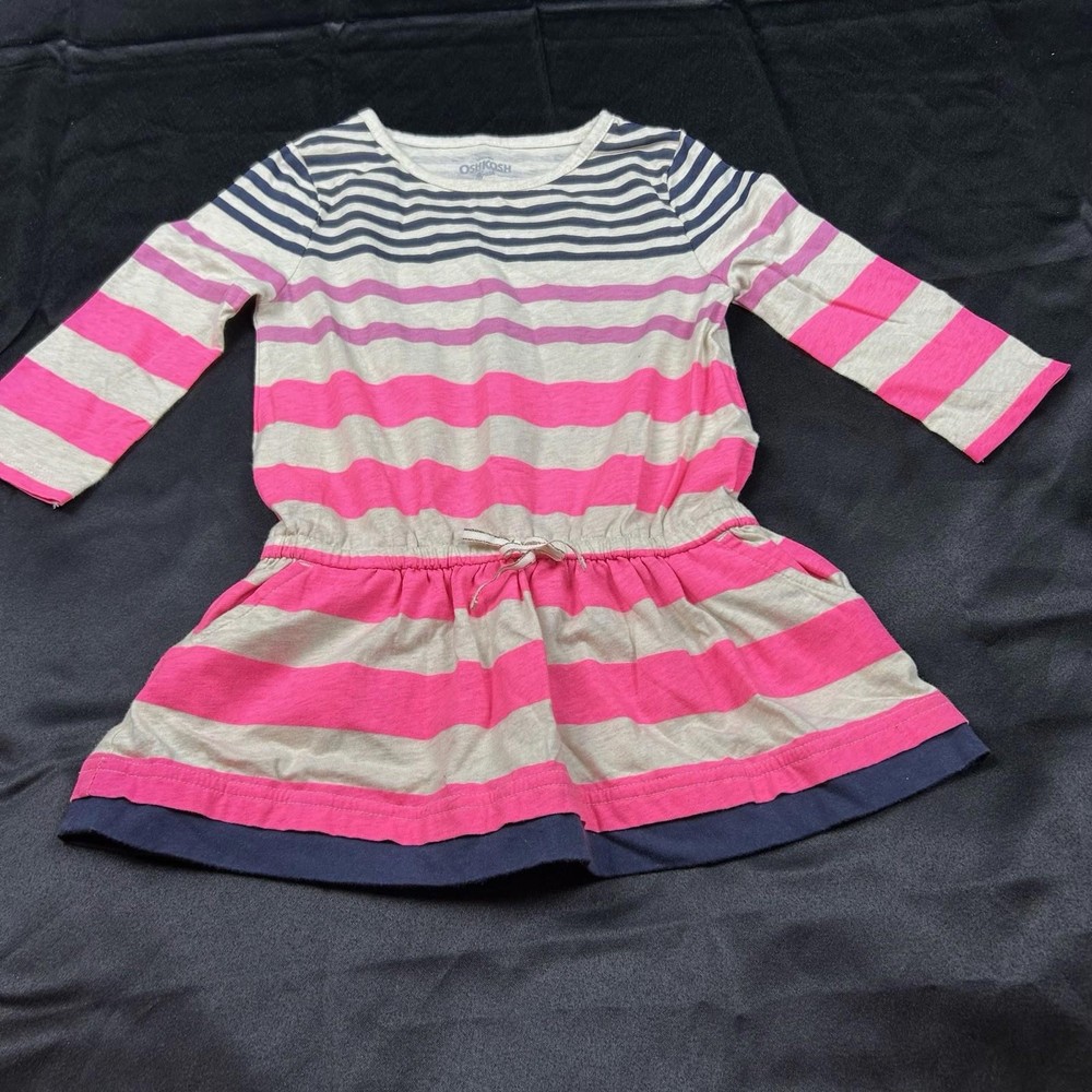 OshKosh B’gosh Girls Striped Long Sleeve Dress Pink Blue Pockets Size 6Y