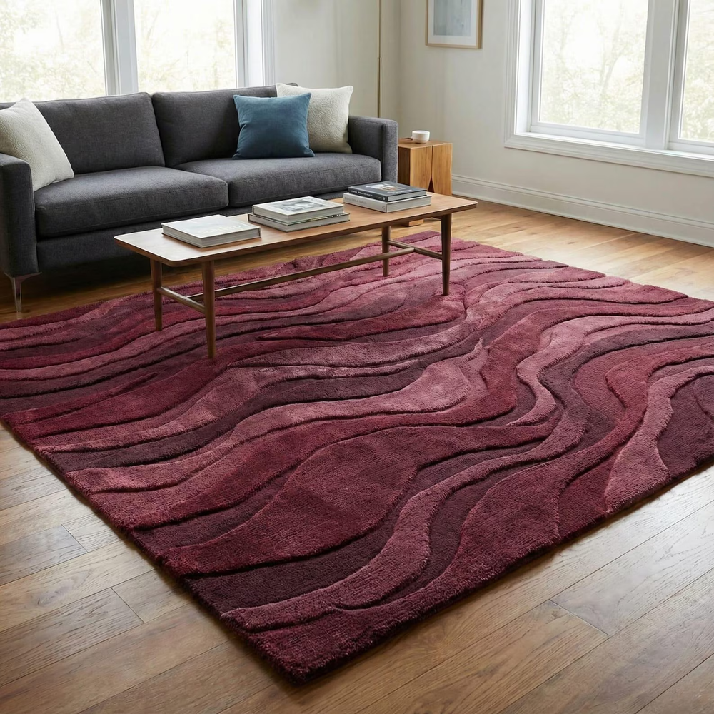 Burgundy Wool Area Rug | 3D Carved Wave, Plush Modern Decor