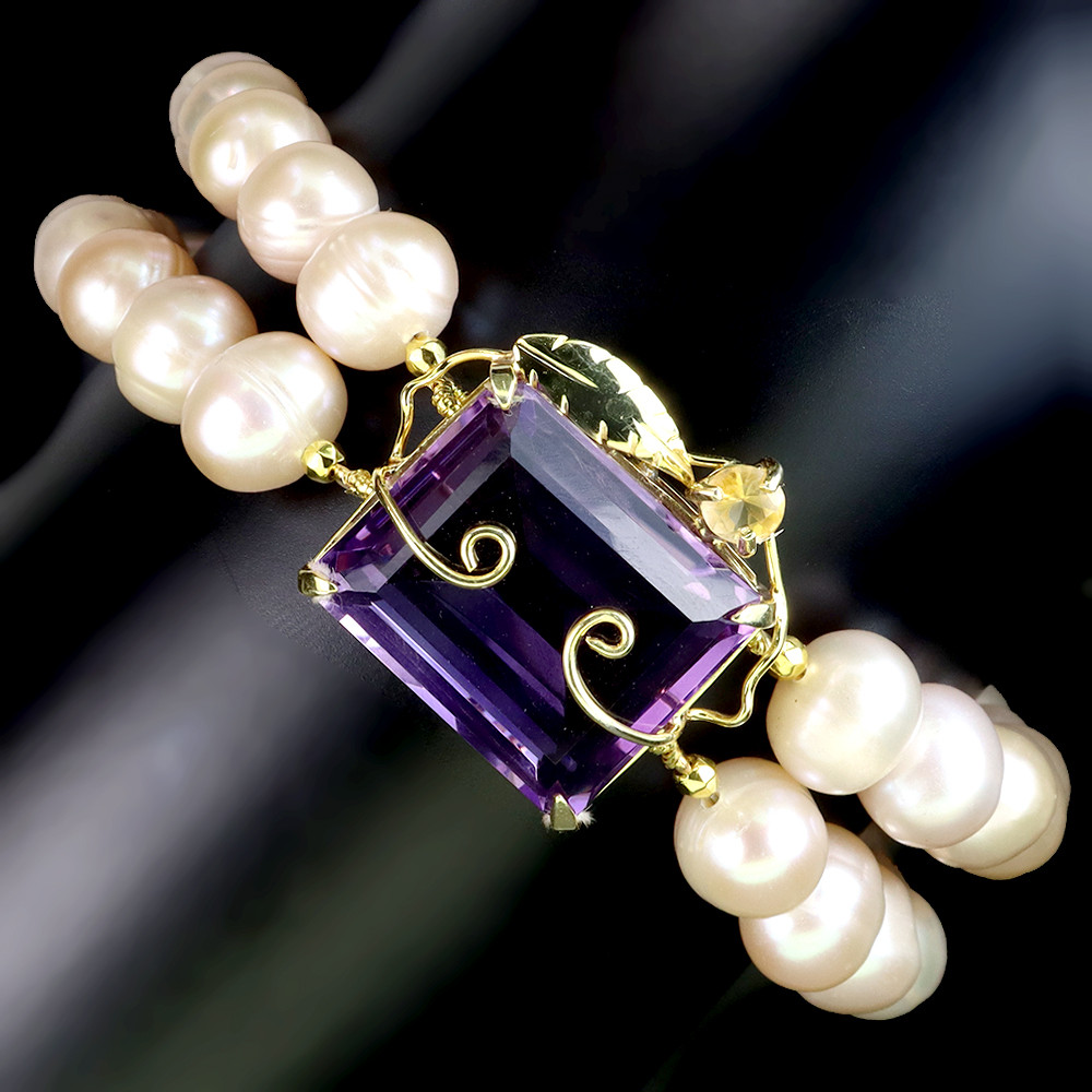 925 Sterling Silver Handmade Amethyst Pearl Gemstone Bracelet 19x15mm