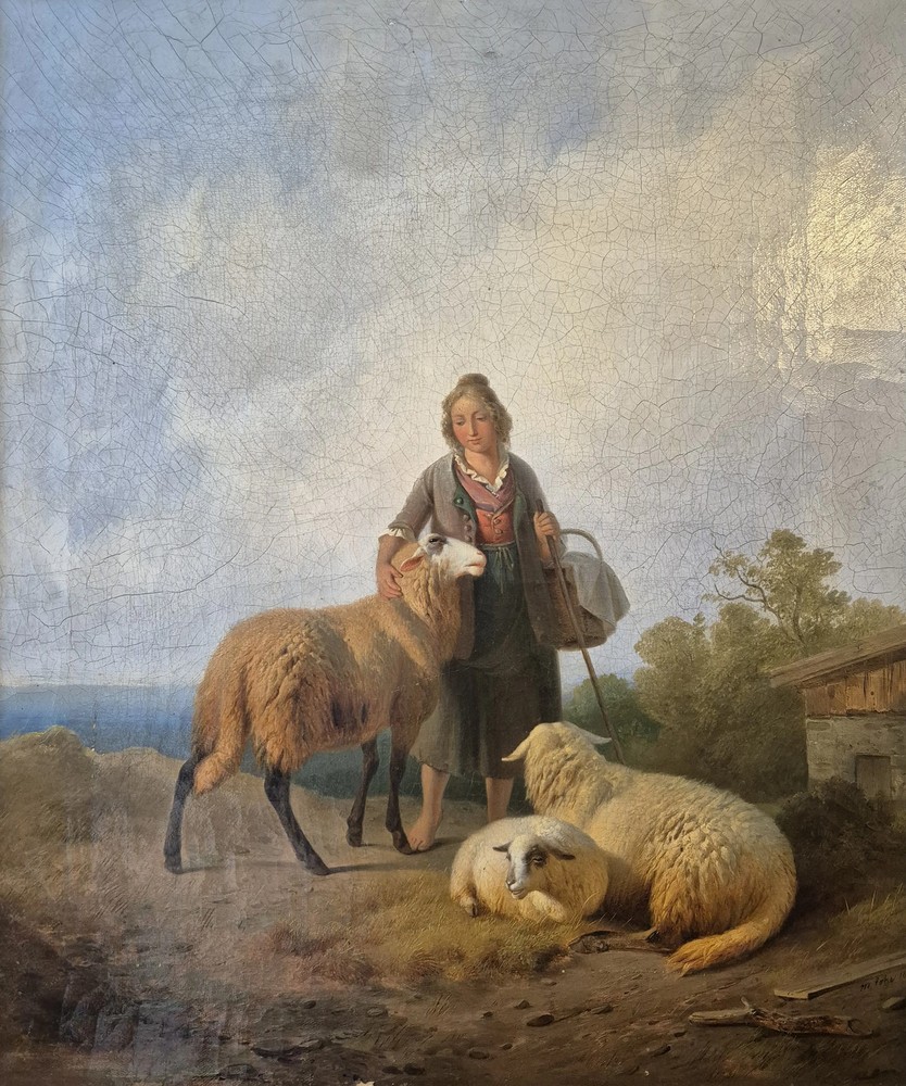 Moritz Eduard Lotze (1809-1890) oil painting Bavarian shepherdess 62 x 54 cm