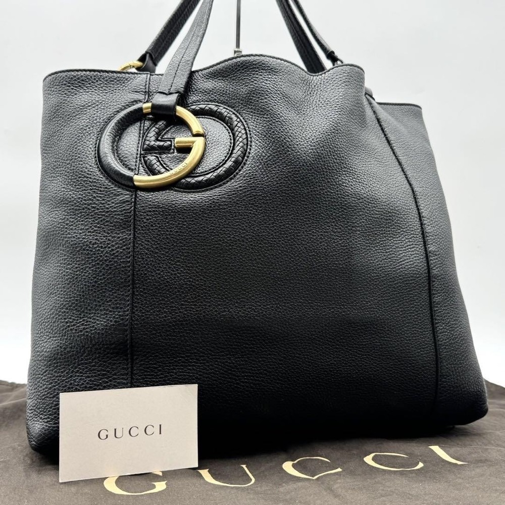 Gucci GG Black Gold Leather Tote Bag with Interlocking Hardware
