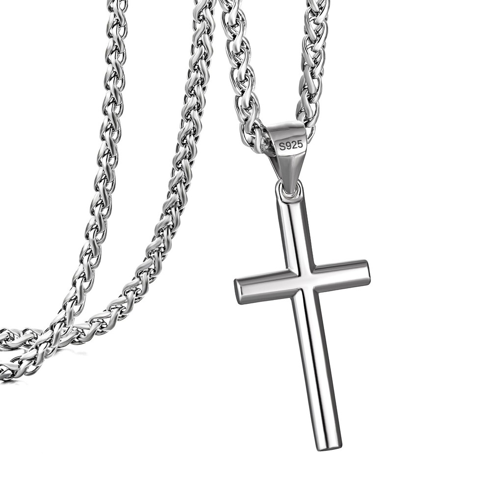 Silver Cross Necklace for Men, 925 Sterling Silver Mens Cross Pendant with Wh...