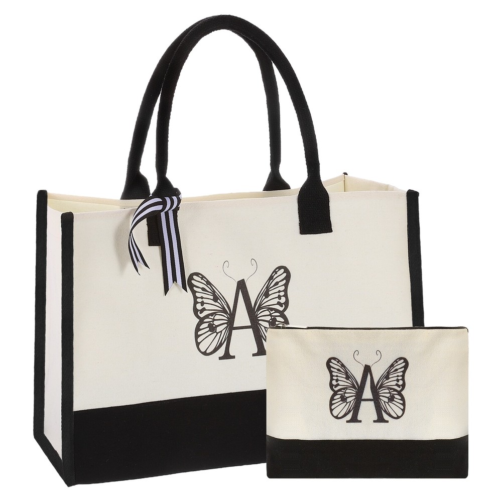 Initial A Canvas Tote Bag with Makeup Bag, Reusable Beach Tote Bag