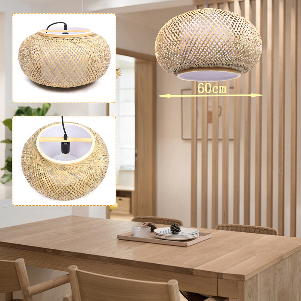 40/60cm Vintage Bamboo Wicker Rattan Pendant Light Hanging Ceiling Lamp Fixture