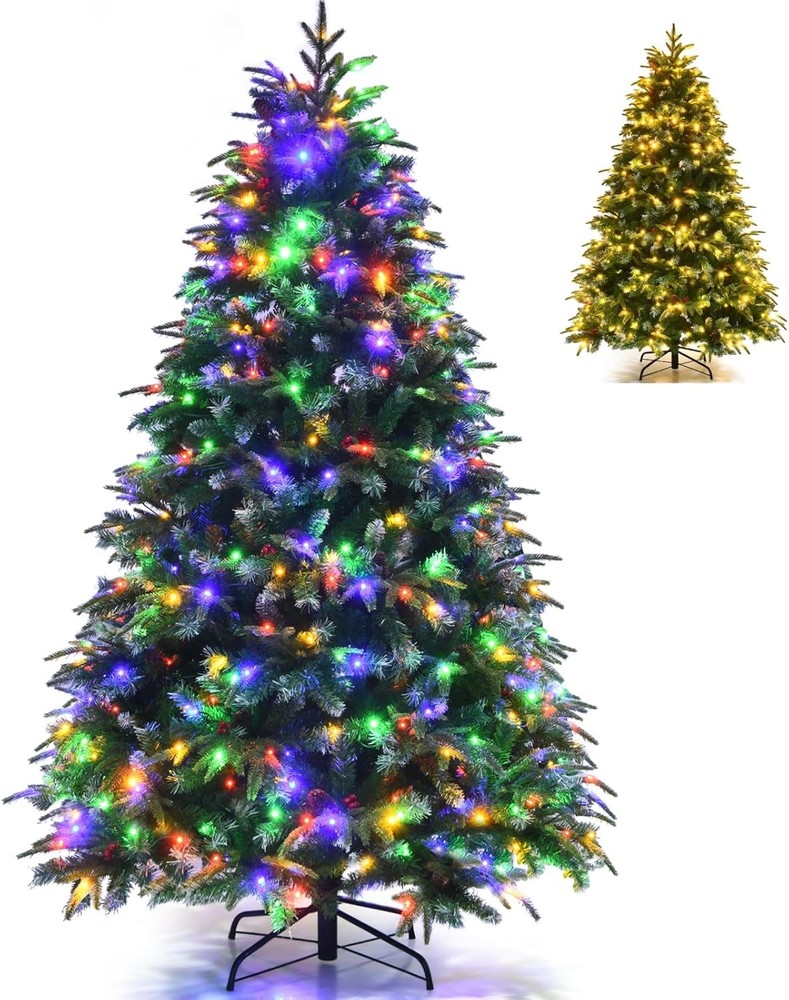 COSTWAY 5FT/6FT/7FT Pre-Lit Christmas Tree, Hinged Artificial Xmas Tree with