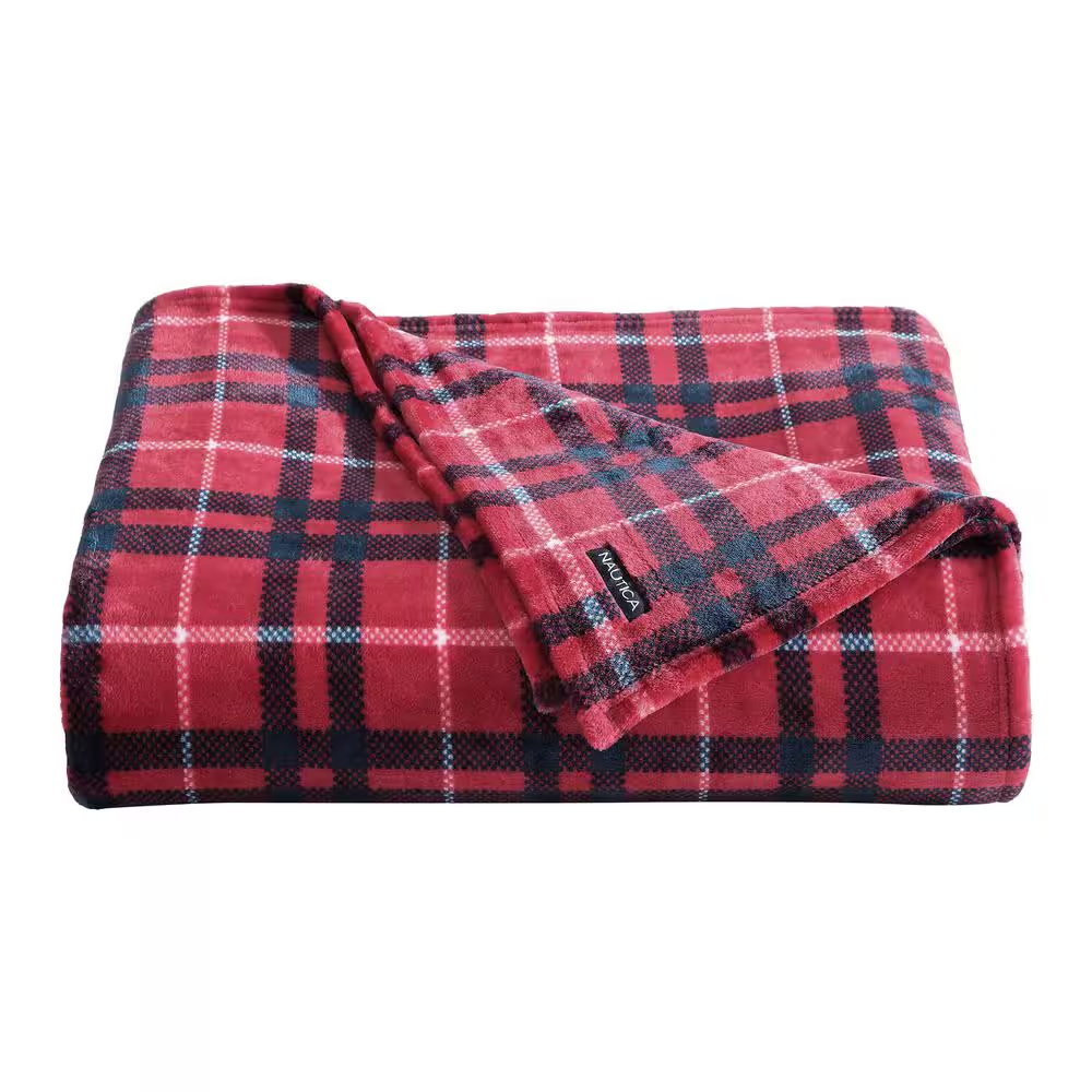 Winter Tattersall 1-Piece Dark Red Ultra Soft Plush Fleece King Blanket