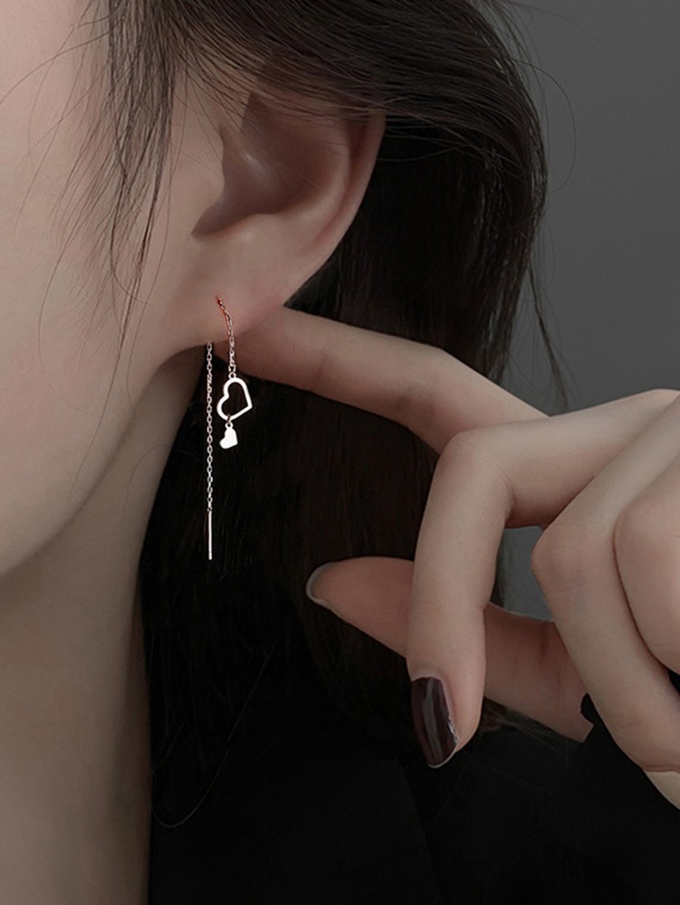 925 Silver Heart Threader Earrings Stud Long Drop Dangle Women Jewelry Gifts New