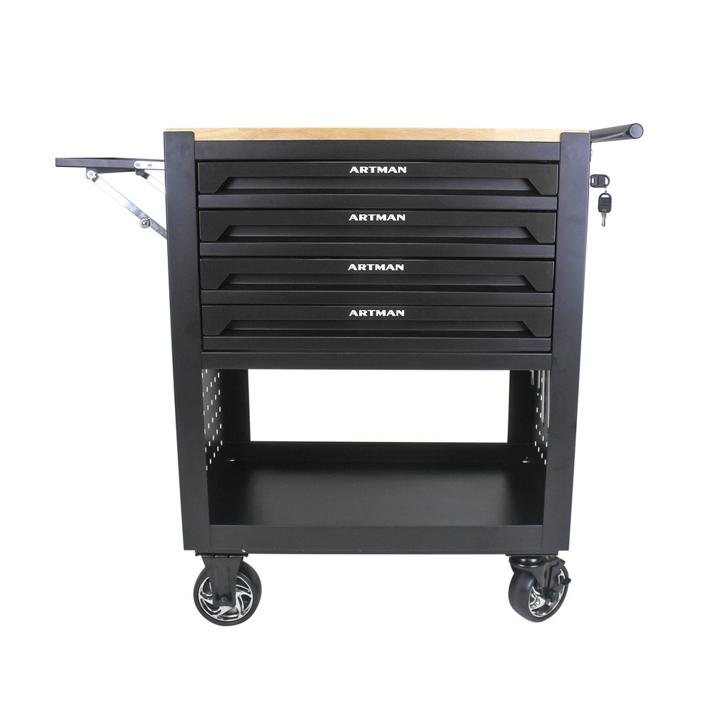 4-Drawer Rolling Tool Cart with Wooden Top for Garage Storage