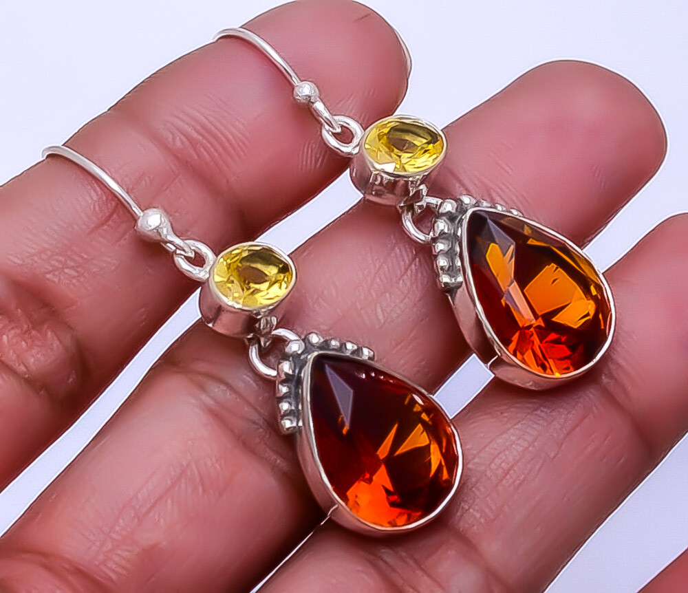 Hessonite Garnet Citrine 925 Sterling Silver Designer Earrings 1.72