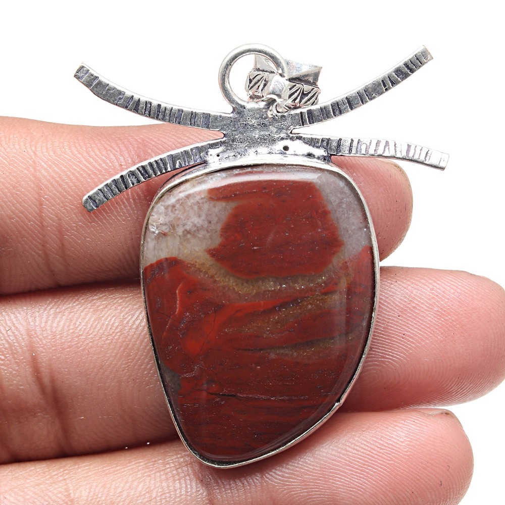 Jasper Gemstone Silver Pendant Ethnic Valentine's Day Jewelry 2.25 Inch