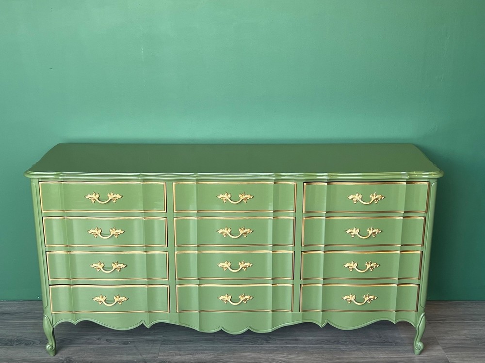 French Provincial Green Lacquered Dresser of Twelve Drawers